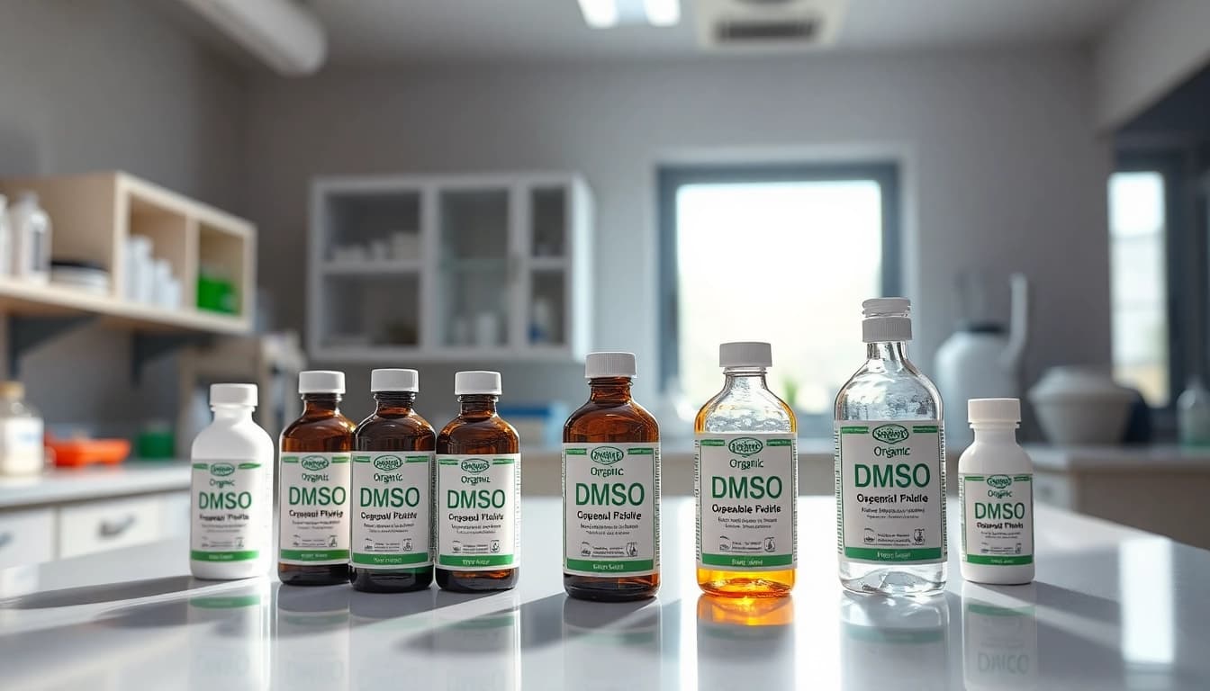 Showcasing dmso organic products in a professional laboratory setting with natural lighting.