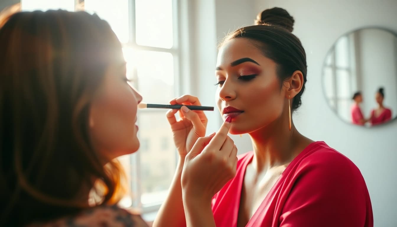 HD makeup application Dallas in a modern studio with a professional artist applying makeup.