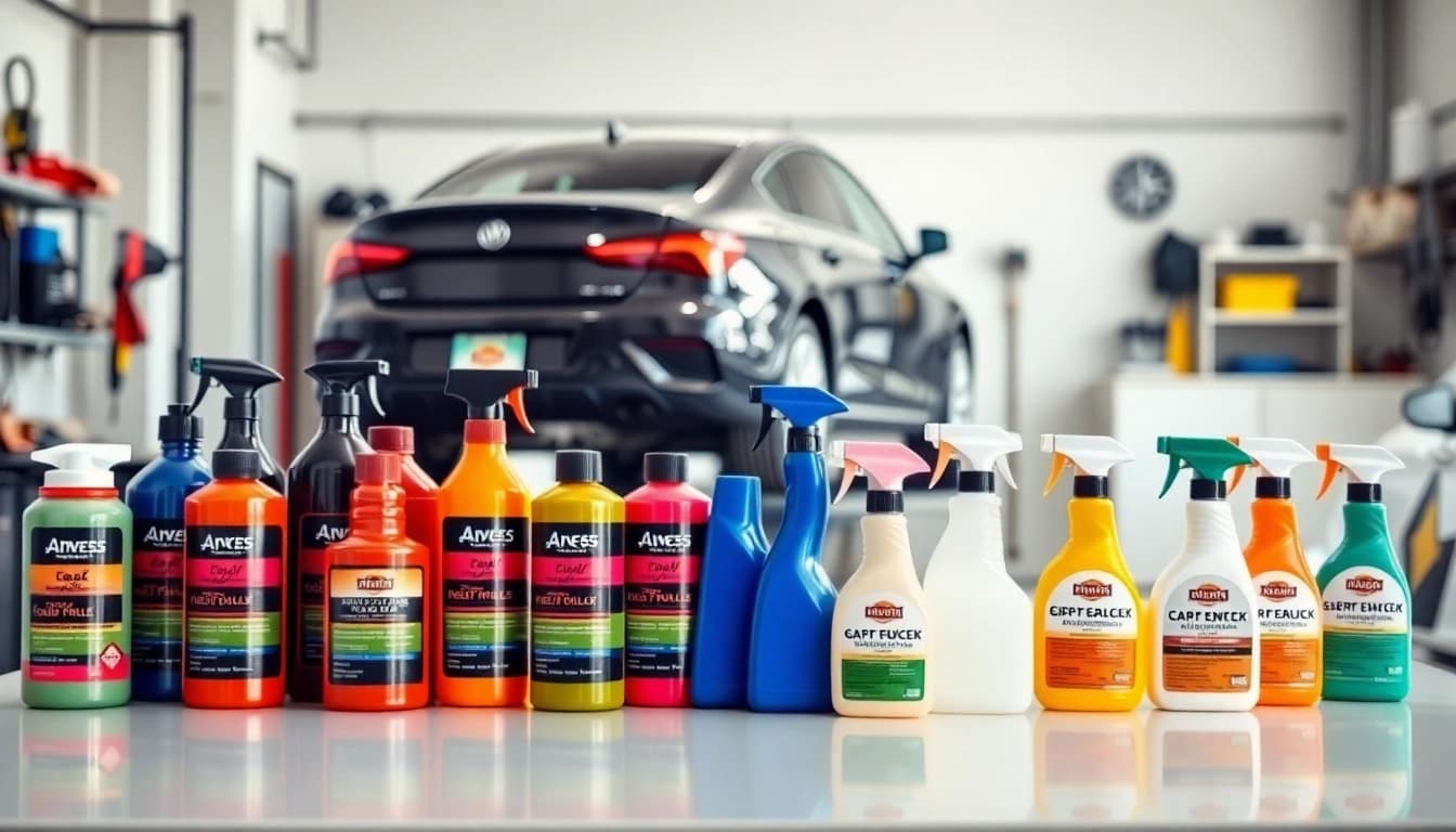 Showcase of Vancouver car detailing products on a clean workbench in a modern garage.