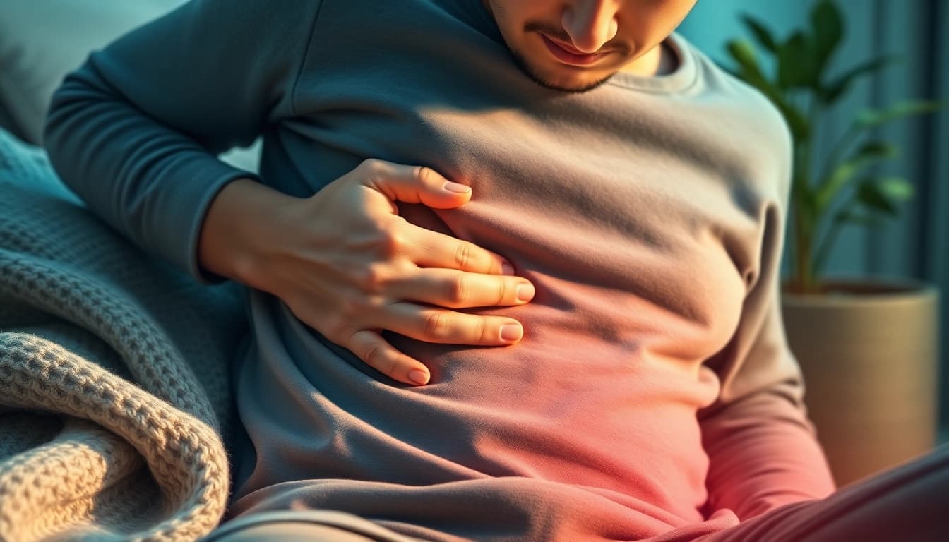 Anxiety stomach pain can feel like tight knots and cramping; illustrated scene shows a distressed person.