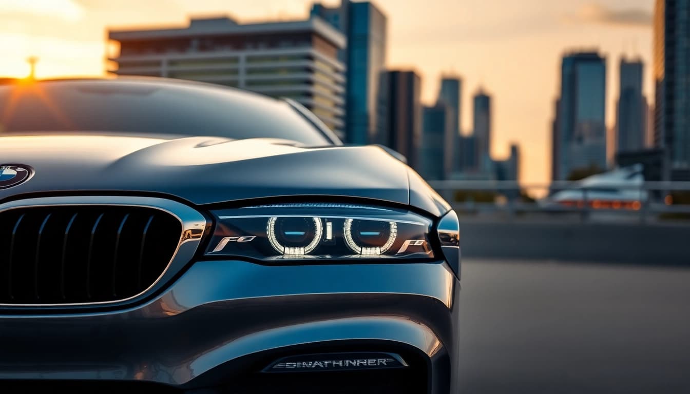 Sporting a Luxury BMW car parked elegantly amidst a vibrant urban landscape.