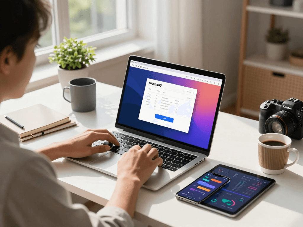 Effortlessly login to mantra88 in a modern tech workspace filled with gadgets and natural light.