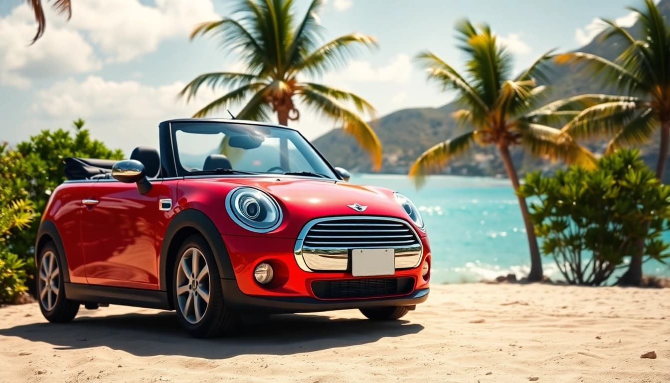 Experience the charm of St Barts mini cooper rental parked by the beautiful coastline.