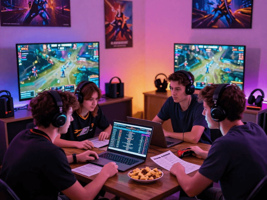 Friends engaged in 롤토토 betting while watching a League of Legends match with laptops and snacks.