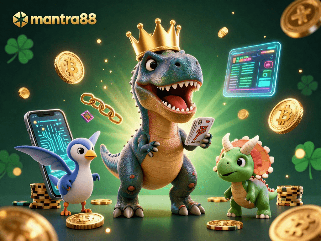 Spin the cards with mantra88 as the playful T-Rex shuffles for big wins amid vibrant casino elements.