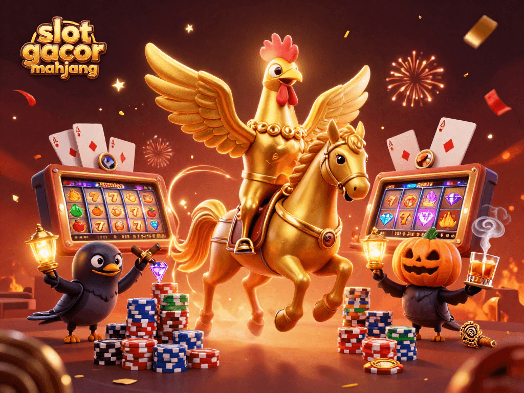 Engaging slot gacor mahjong scene featuring golden rooster and spectral horse amidst casino elements.