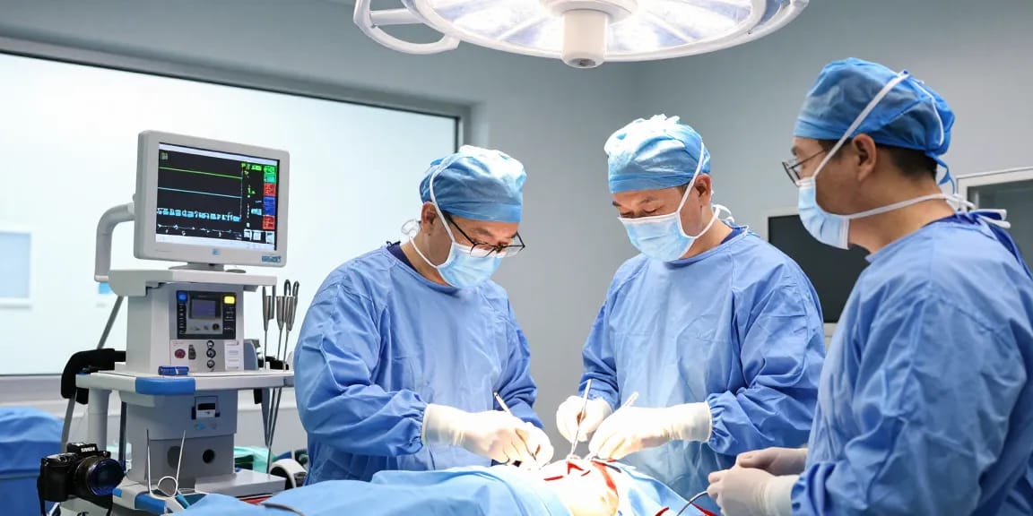 Dar kanal ameliyatı being performed by a skilled surgeon in a modern operating room with advanced equipment and a focused surgical team.