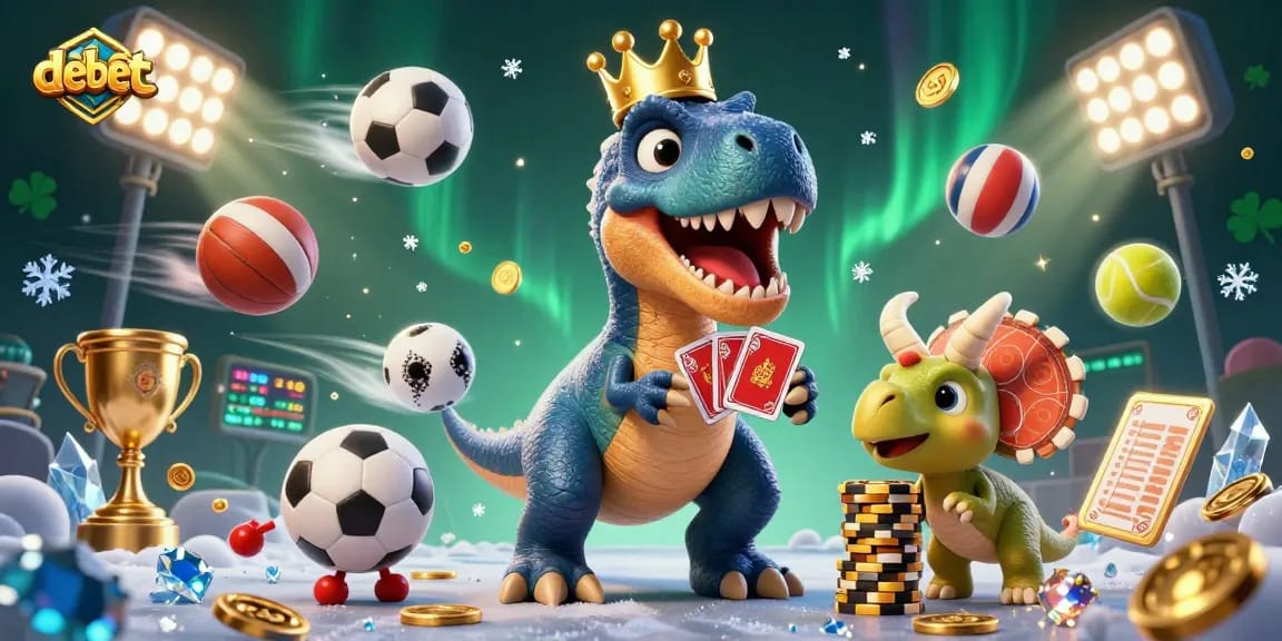 Experience debet betting excitement with a cartoon T-Rex shuffling cards and vibrant sports elements