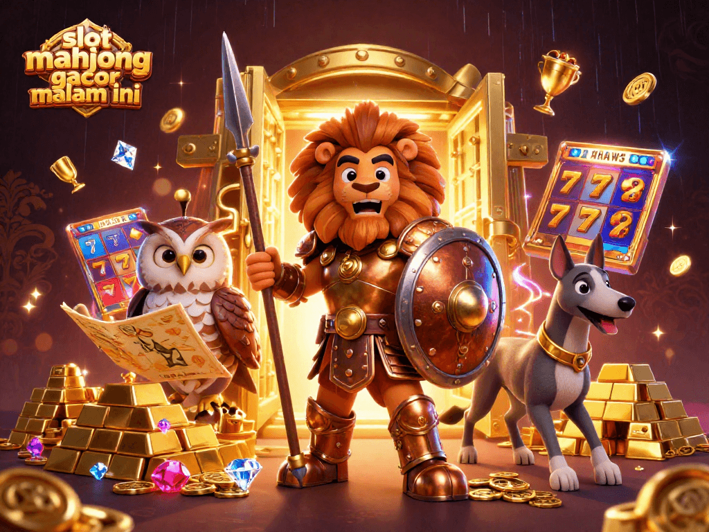 Engage in thrilling slot mahjong gacor malam ini with 3D cartoon characters amidst treasure and winnings.