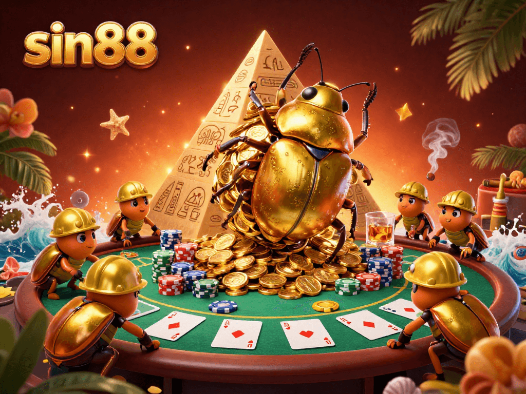 Engage in thrilling gaming with sin88 as a golden beetle rolls coins in a vibrant casino scene.
