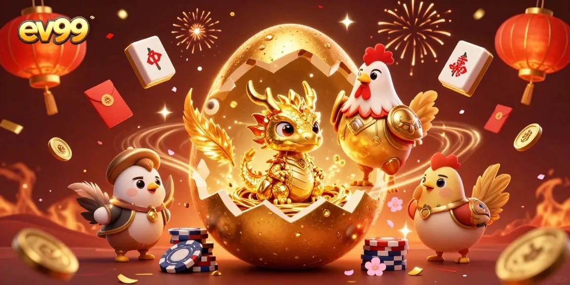Engage with ev99's thrilling casino scene featuring a baby dragon and golden poker chips.