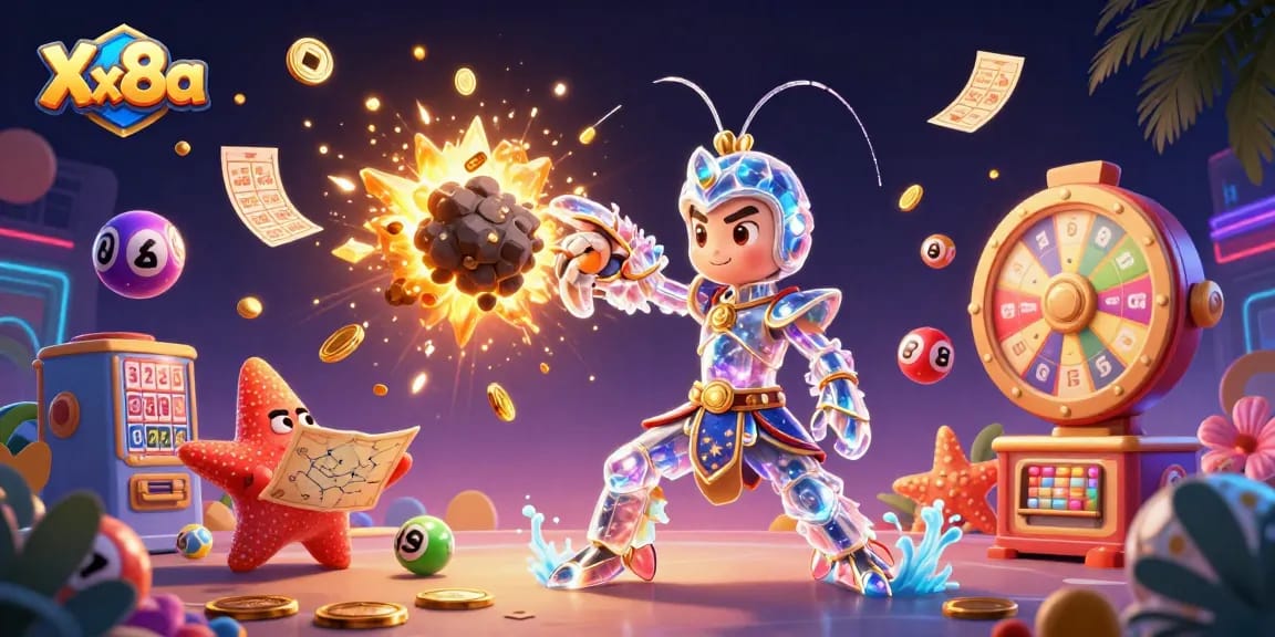 Xx8a showcases a dynamic 3D casino adventure filled with golden winnings and lively characters.