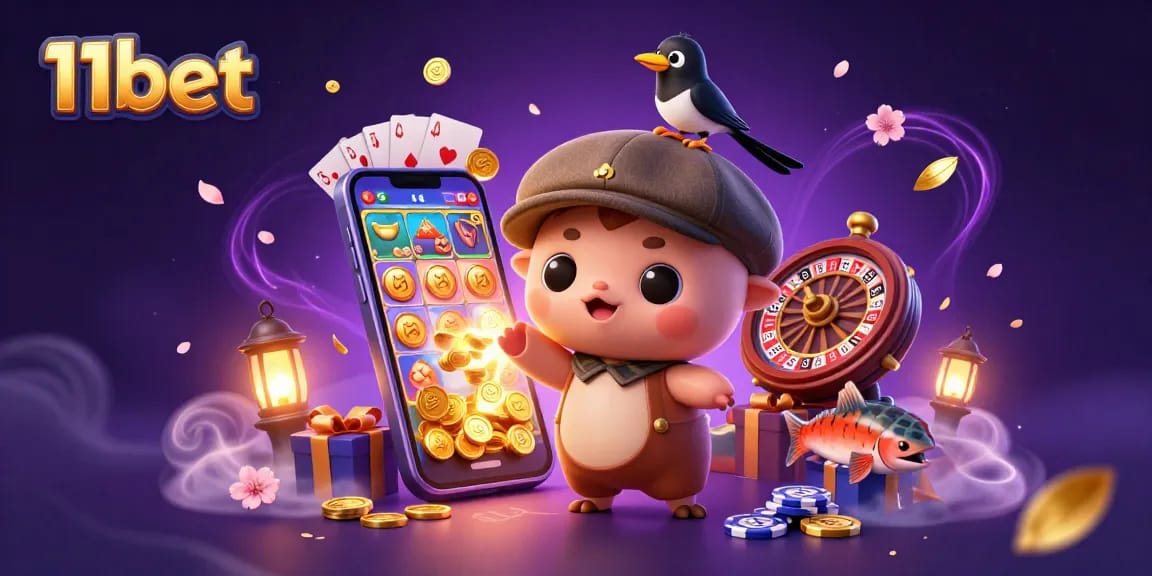 Experience excitement with 11bet's vibrant casino scene featuring charming characters and gaming elements.