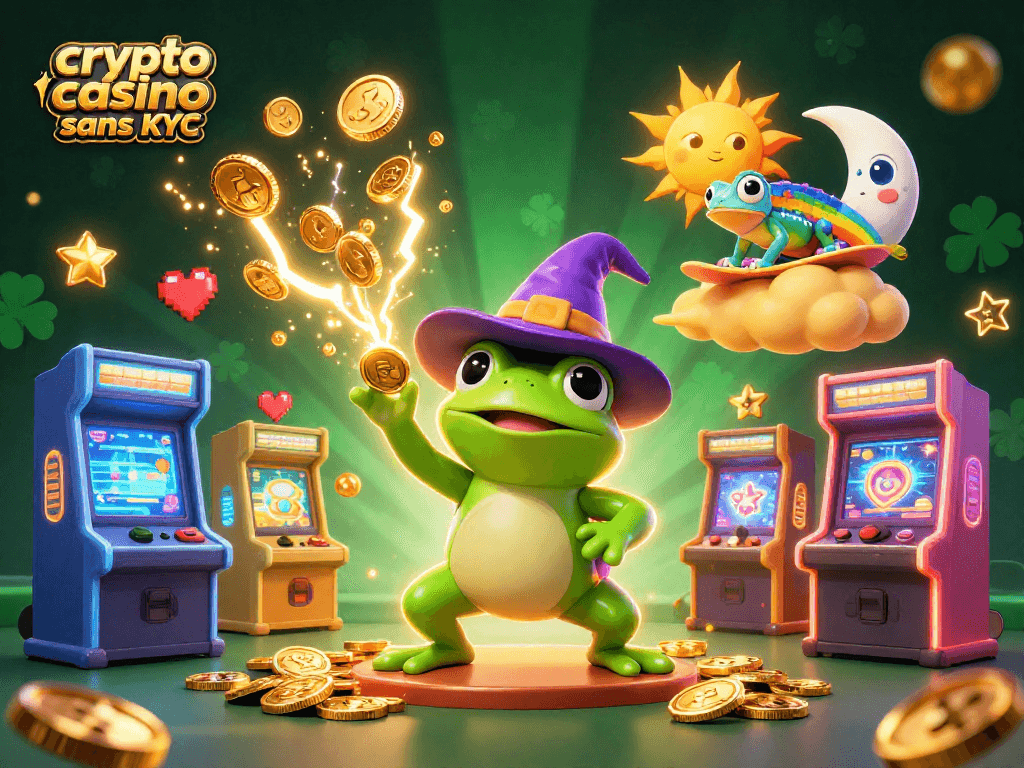 Jouez dans un crypto casino sans KYC avec la grenouille magicienne et le caméléon sur un nuage doré.