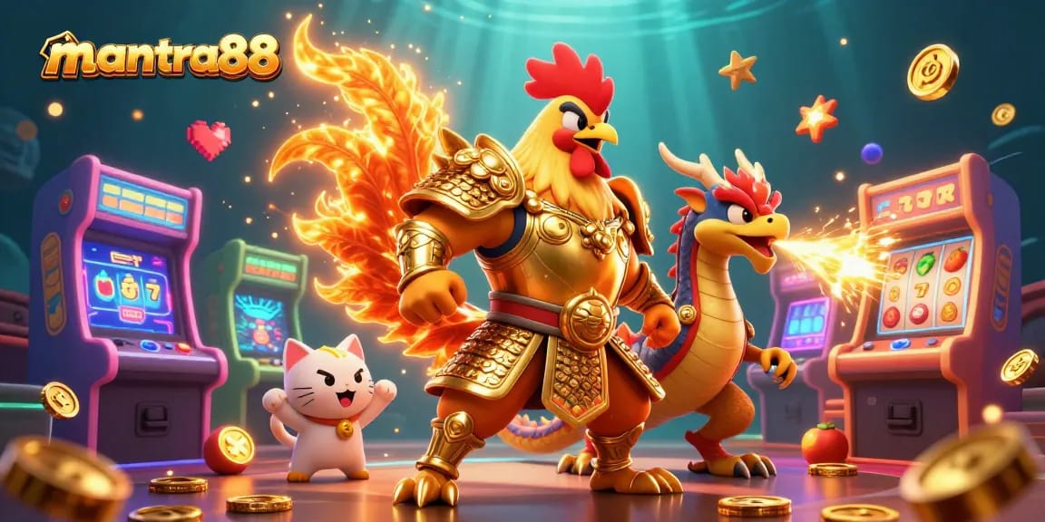 Engage with mantra88 slots through a dynamic scene of characters and game elements, showcasing excitement.