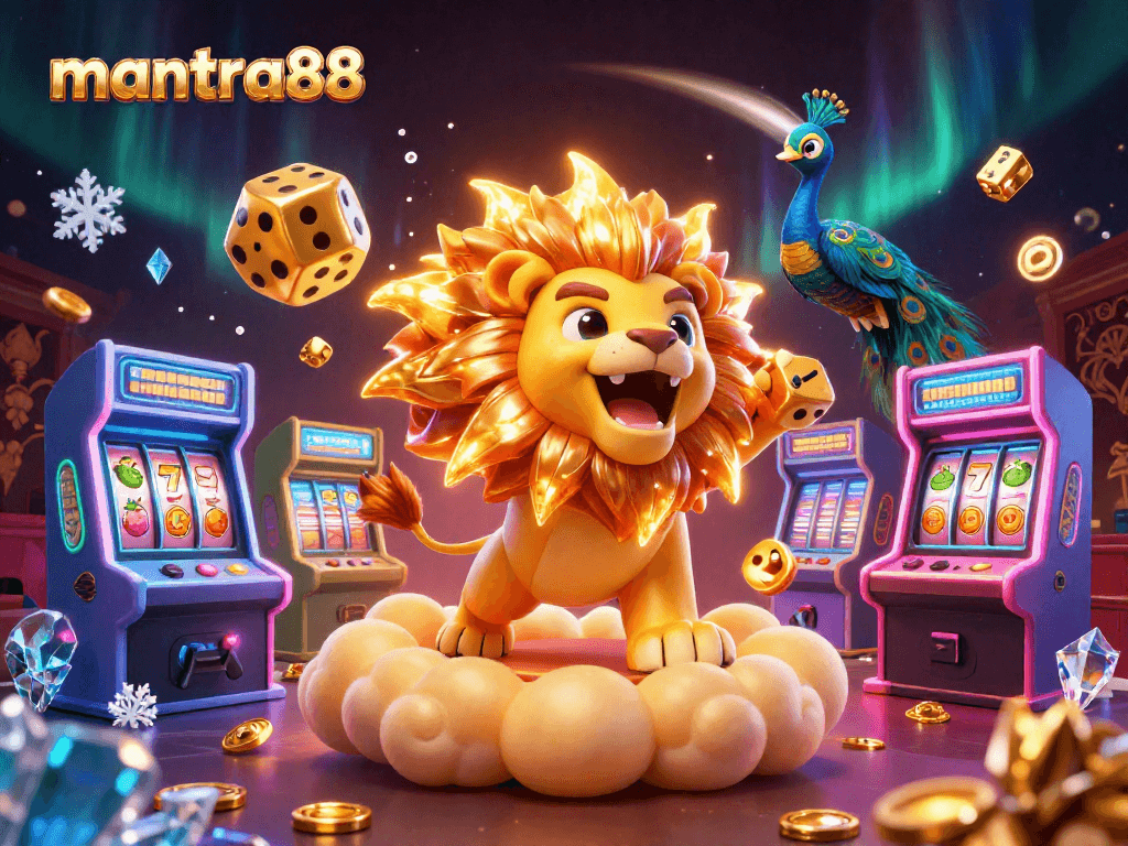 Experience the thrill of mantra88 as golden dice roll amidst vibrant slot machines and lively casino elements.