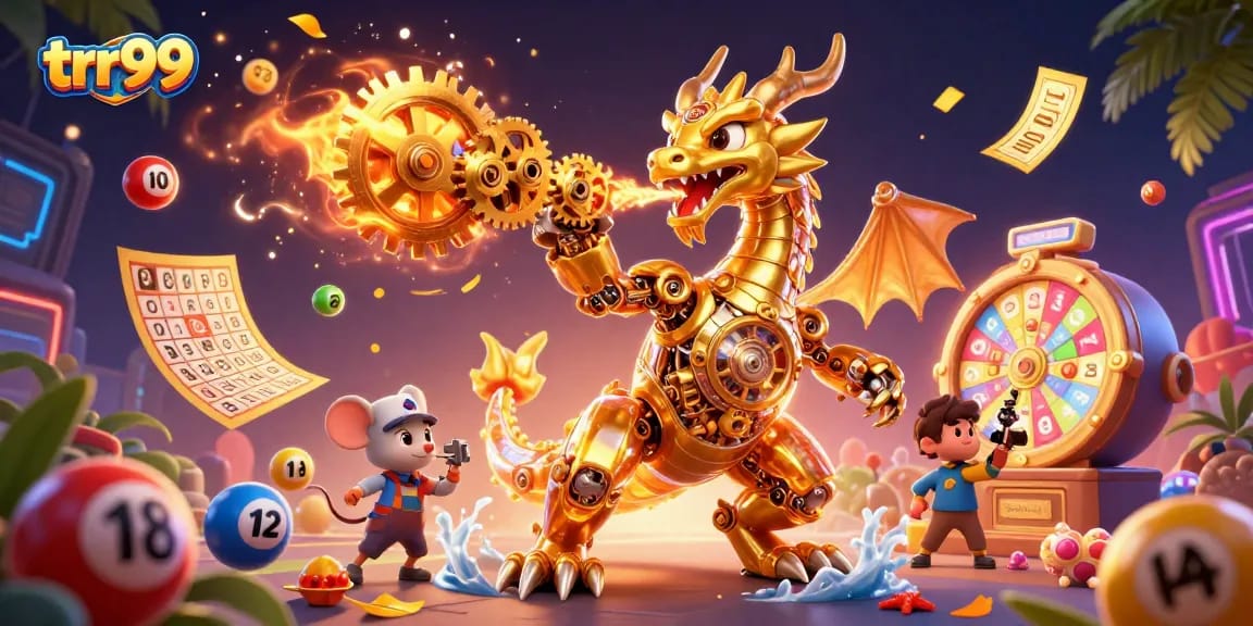 Engage with trr99 in a vibrant casino scene featuring a golden dragon and dynamic gambling elements.