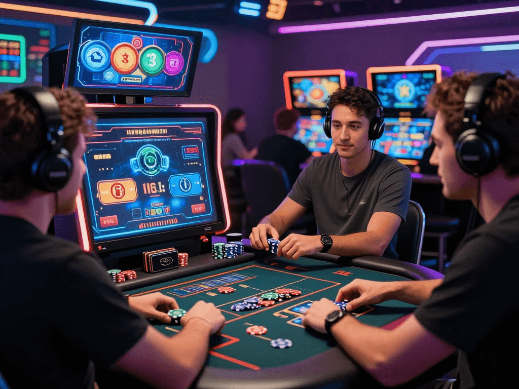Exciting players engaging in a vibrant crypto casino environment with neon lights and digital gaming.