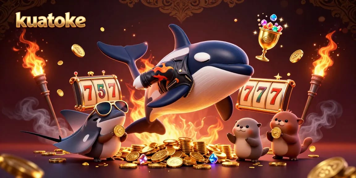 Kuatoke offers exciting casino action with orca and stingray characters playing alongside golden coins and slot reels.