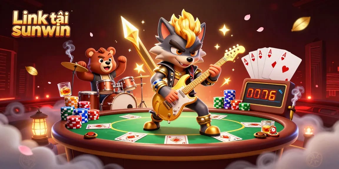 Link tải sunwin with a 3D cartoon rock star wolf and drummer bear on a lively casino stage.