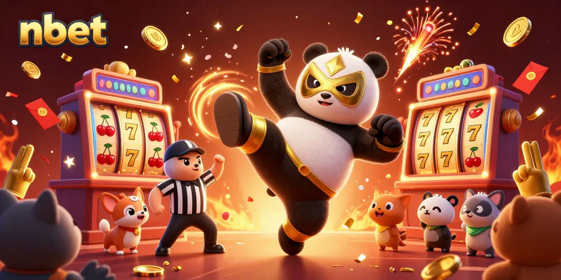 nbet slots action featuring a lively wrestler panda and cheering crowd amidst vibrant casino elements