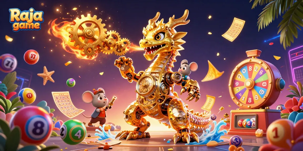 Engage with Raja game through dynamic scenes of colorful lottery elements and a golden dragon.