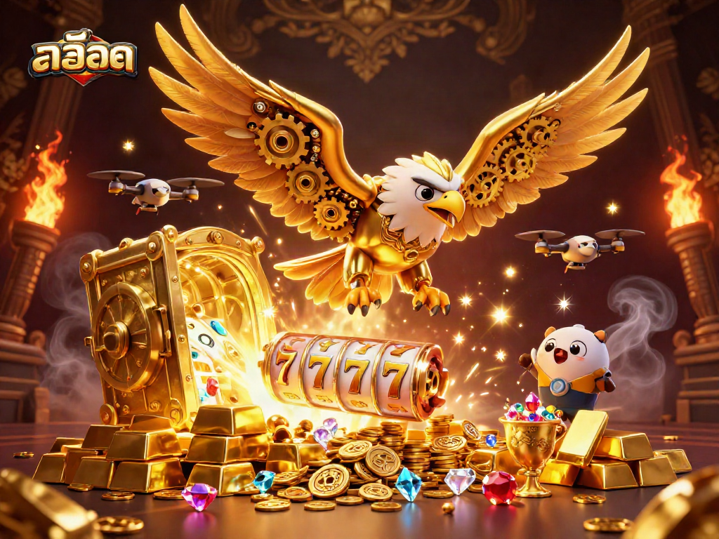 Engage in สล็อต gameplay with a dynamic scene featuring a golden eagle and slot reels.