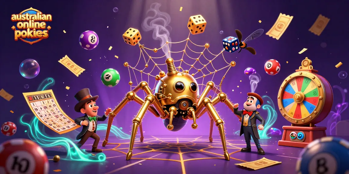 Experience the thrill of australian online pokies with a steampunk spider-themed illustration full of vibrant gambling elements.