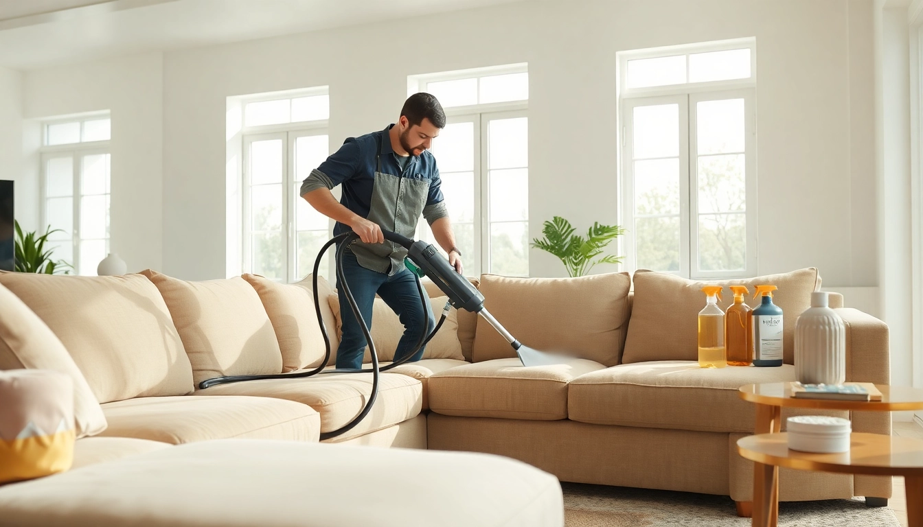 Upholstery cleaning lincoln ca in progress, showcasing a technician deep-cleaning a sofa.