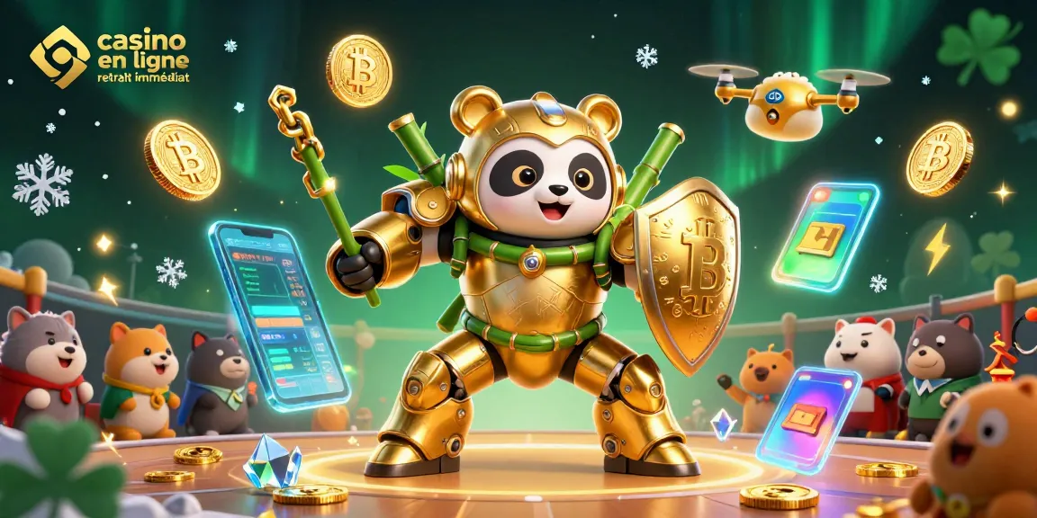 Visuel dynamique de casino en ligne retrait immédiat avec robot panda et crypto-monnaies.