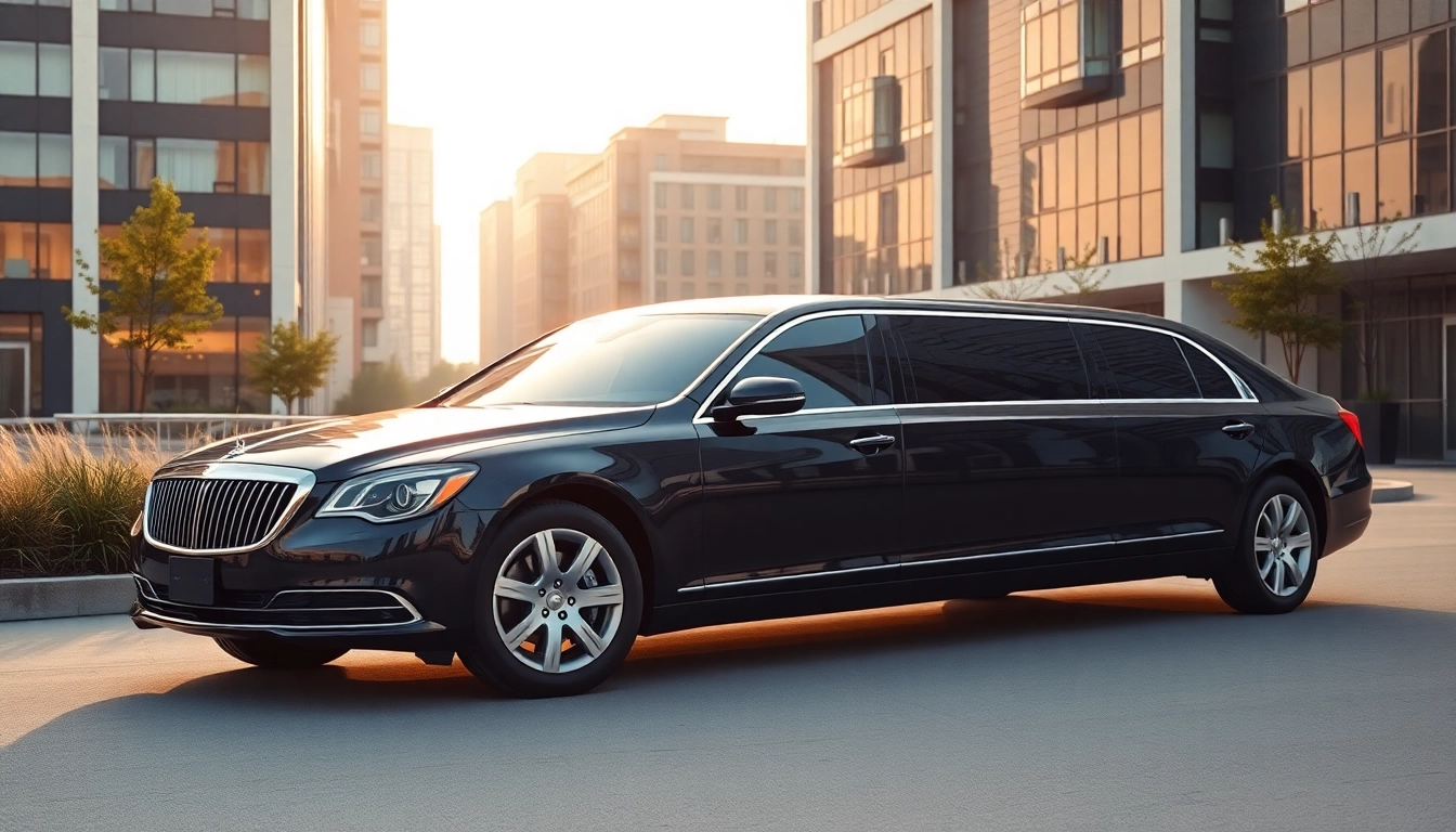 Experience premium corporate transportation Rhode Island with a sleek limousine in an urban setting.