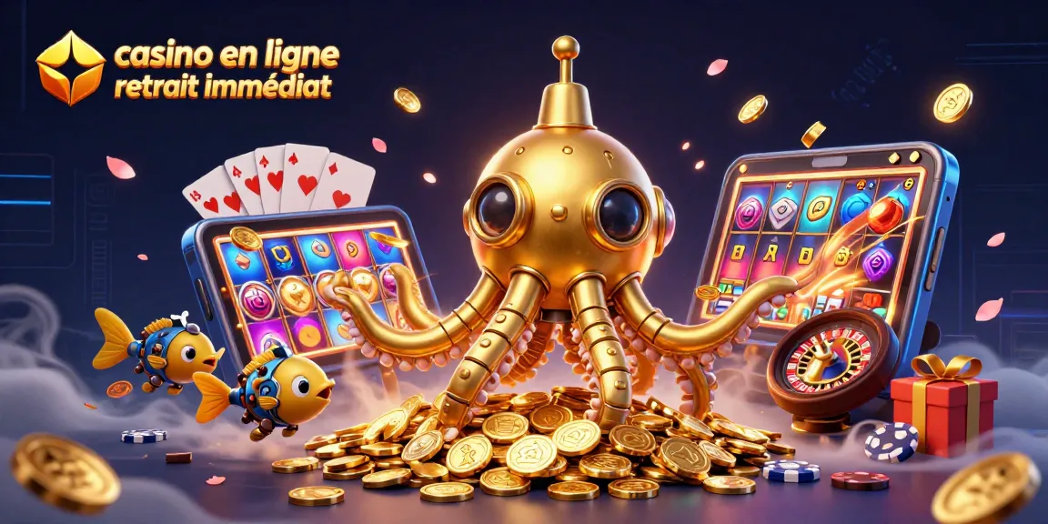 Découvrez le casino en ligne retrait immédiat avec un kraken doré émergeant des pièces d'or.