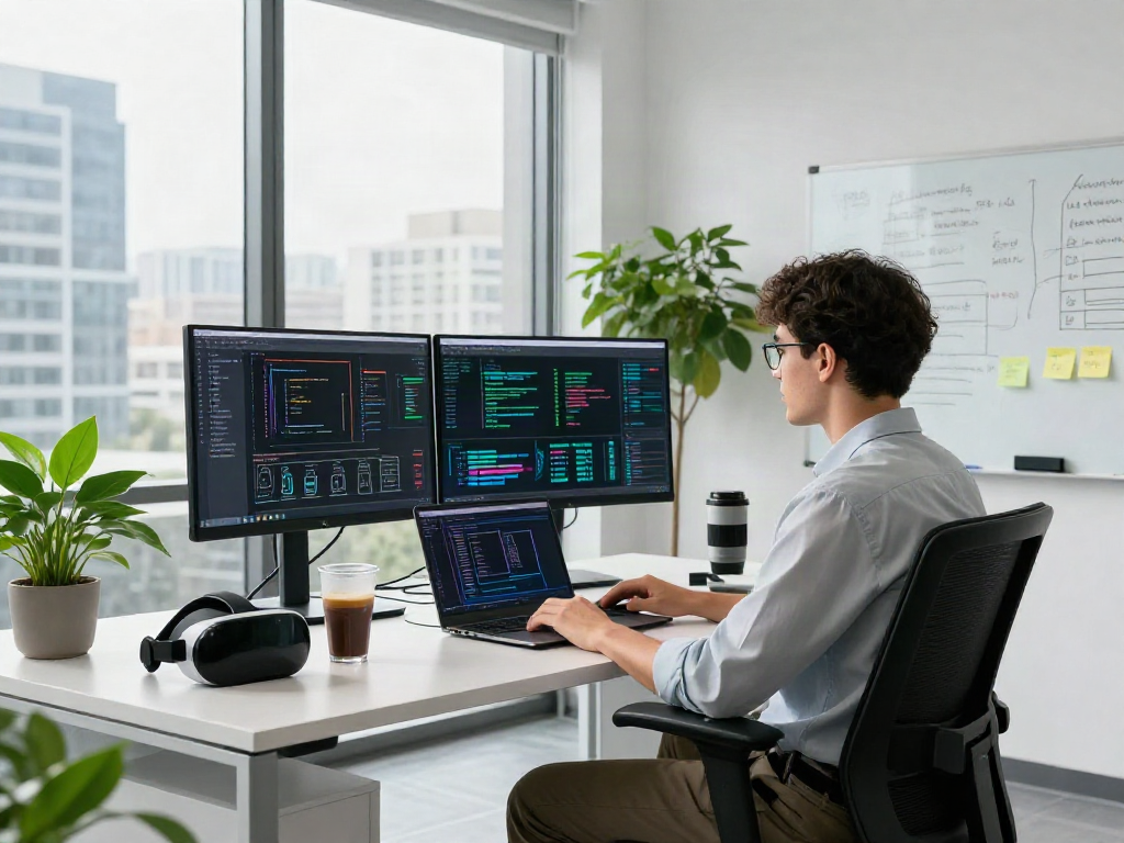 Dynamic tech workspace illustrating a crush on ai with researcher engaged in AI development.