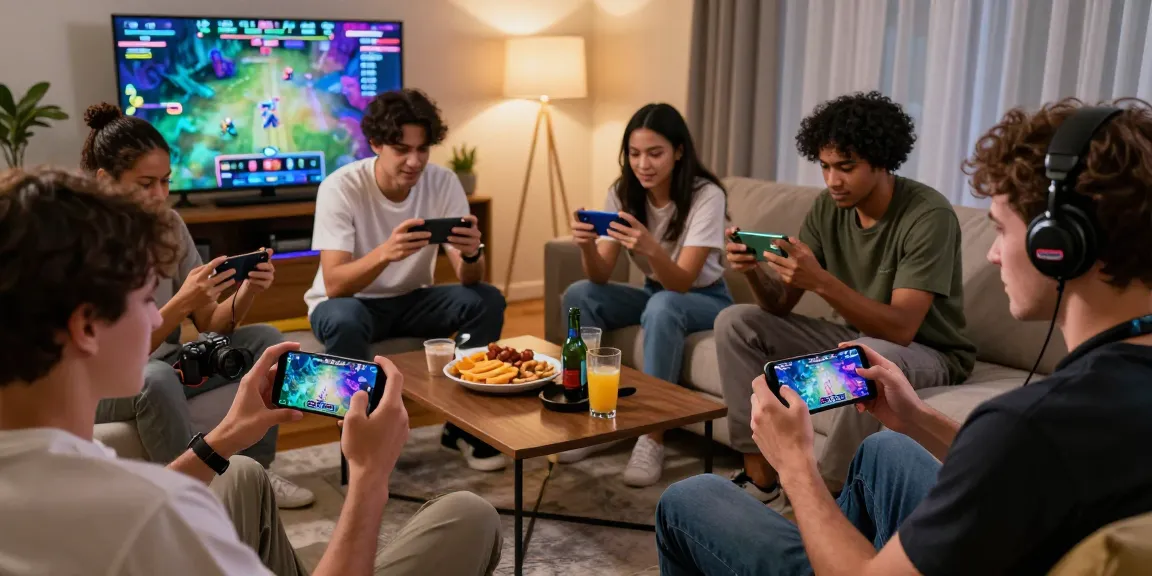 Online gaming tournament scene at ullesthorpe.org with players using smartphones in a modern home setting.
