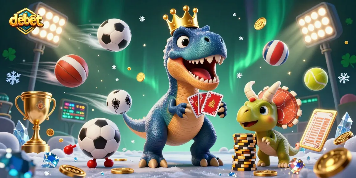 Experience debet betting excitement with a cartoon T-Rex shuffling cards and vibrant sports elements