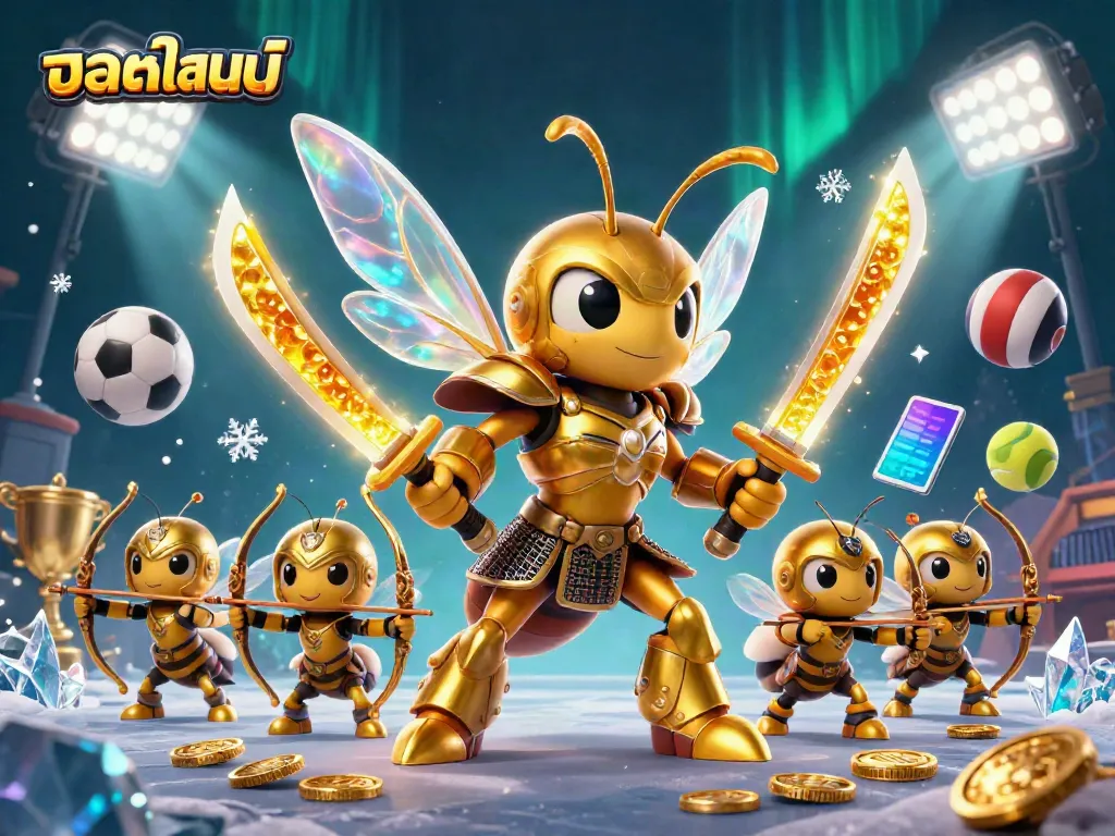 Experience thrilling บอลออนไลน์ betting with a dynamic scene featuring a 3D hornet samurai among sports elements.