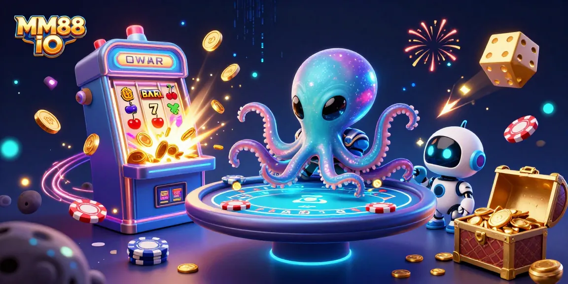 Play exciting games at MM88 IO with an alien octopus and poker table in a vibrant casino scene.