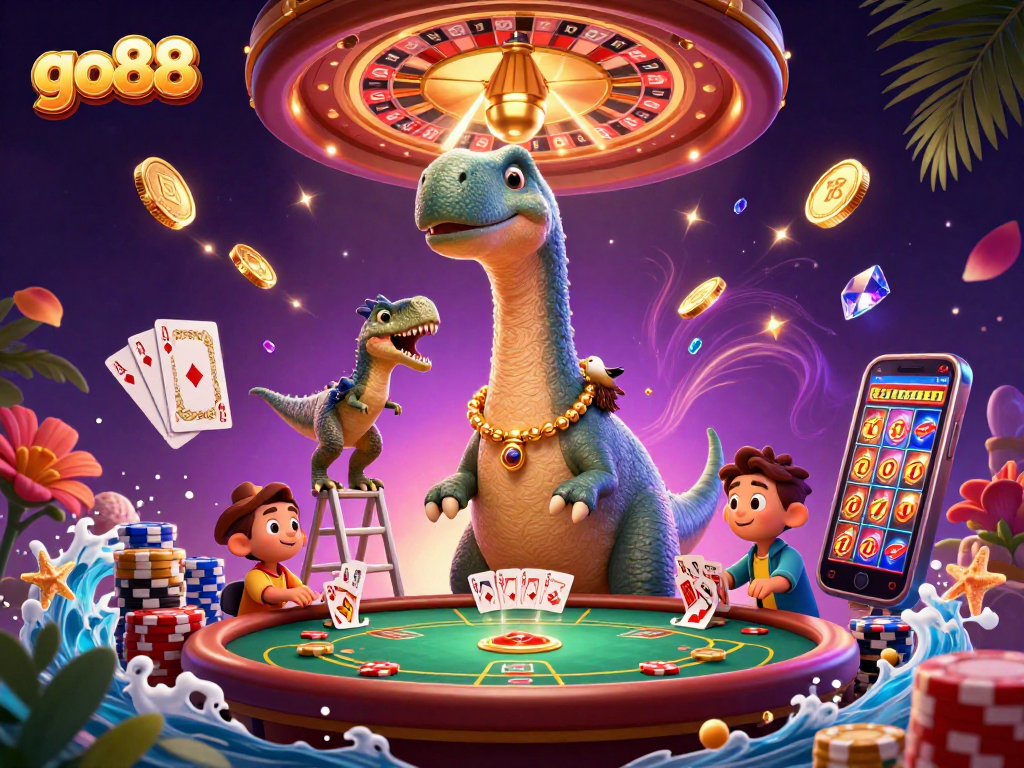 Engage with go88's vibrant casino scene featuring a brontosaurus and raptor in dynamic play.