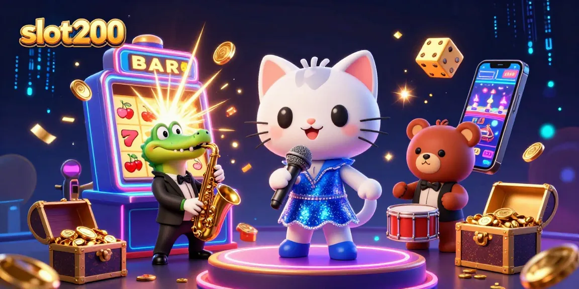 Experience slot200's vibrant neon casino scene with a singing cat, saxophone croc, and drum bear.