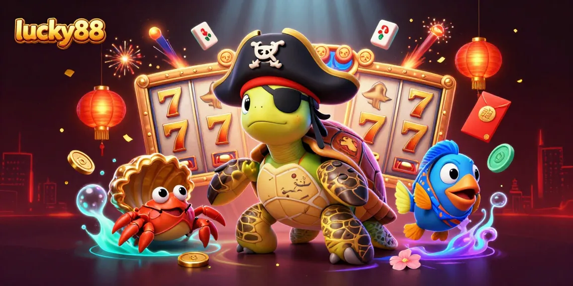 Engage in lucky88 slot excitement with a vibrant 3D pirate turtle surrounded by dynamic casino elements.