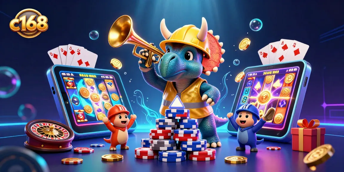 Experience exciting wins with c168: a festive 3D casino scene featuring characters and vibrant gaming elements.