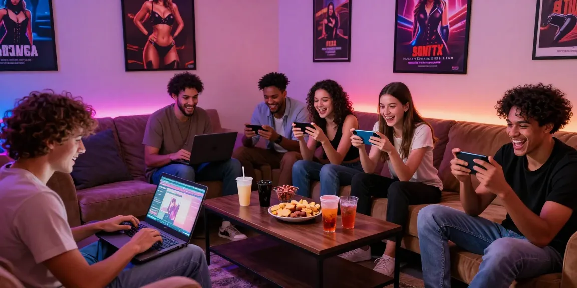 Exciting scene of friends playing sex games together in a vibrant gaming lounge.