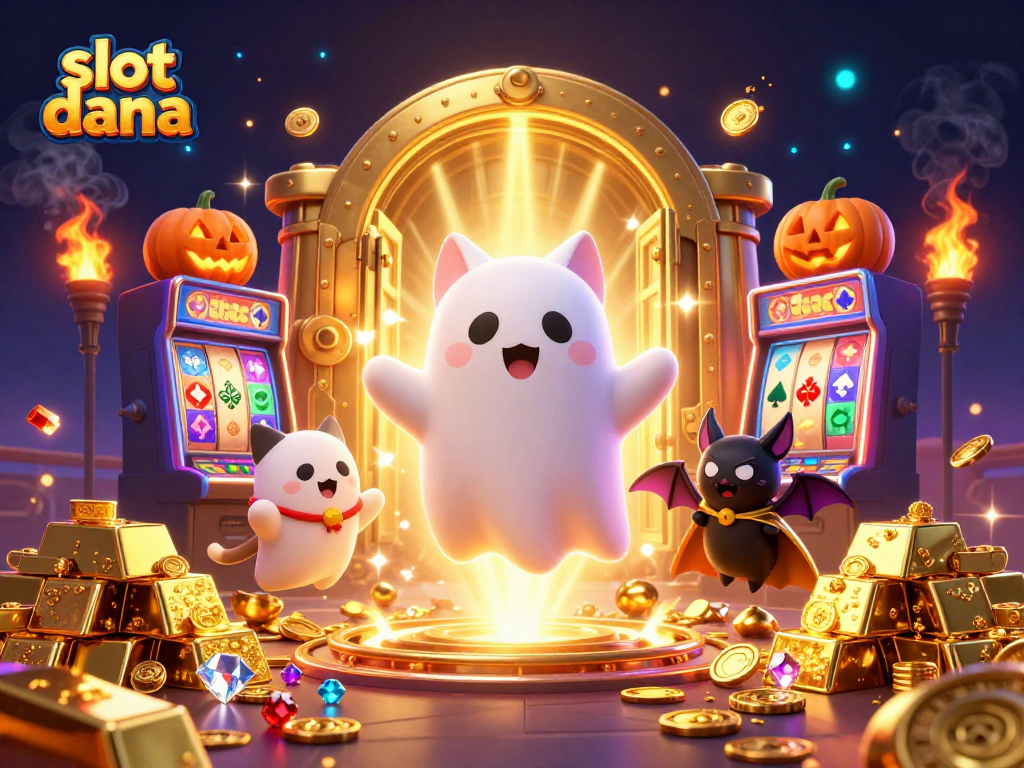 Spin and win at slot dana with a friendly ghost cat and a vampire bat amidst sparkling treasures.