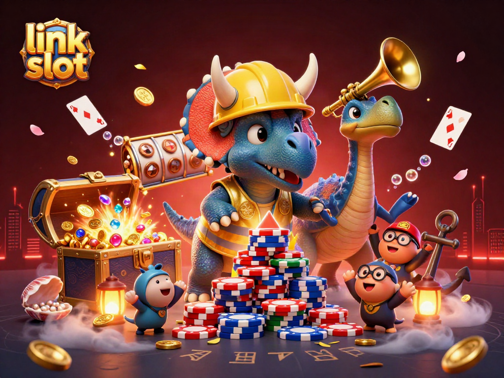 Engage with link slot gaming through a vibrant 3D scene filled with engaging characters and casino elements.
