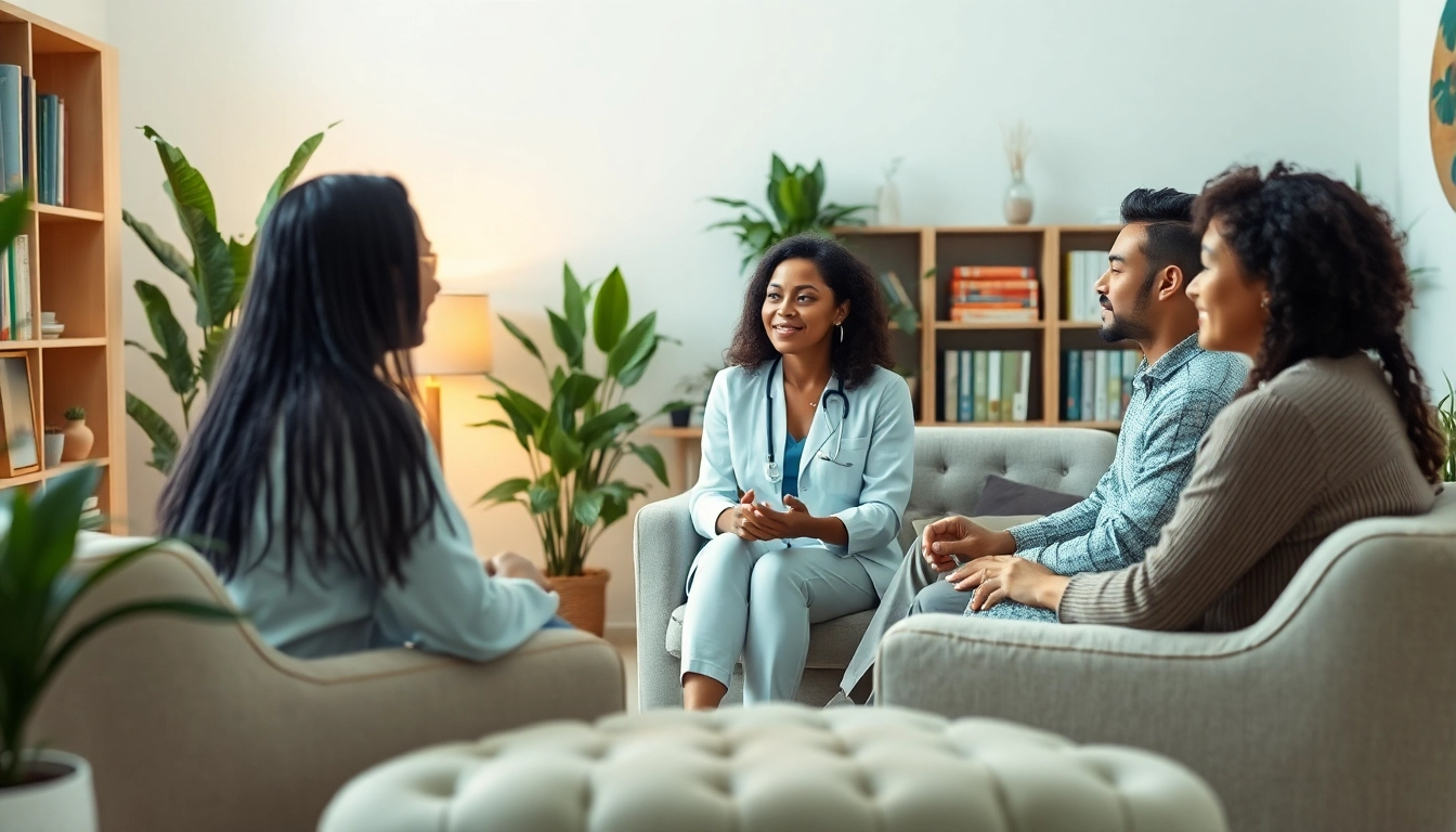 Mental Health Care session with a therapist guiding diverse clients in a serene therapy room.