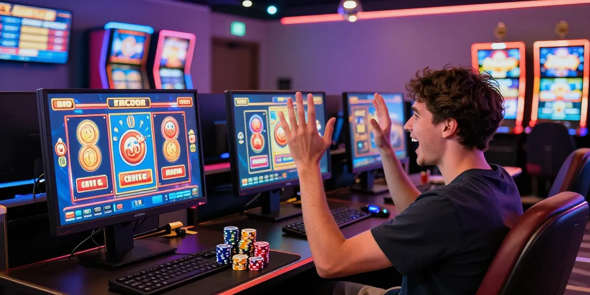 Pemain merayakan kemenangan besar di slot gacor online, dikelilingi oleh layar cerah dan suasana meriah.