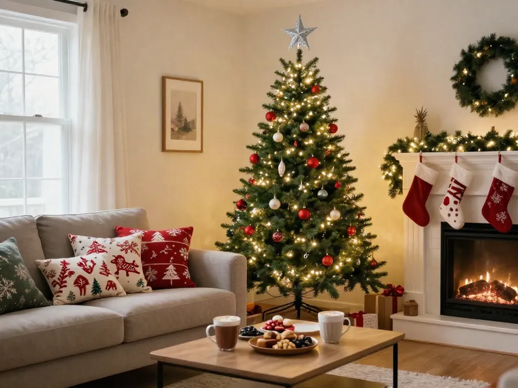 Pre lit pencil slim Christmas tree elegantly decorated in a cozy living room.