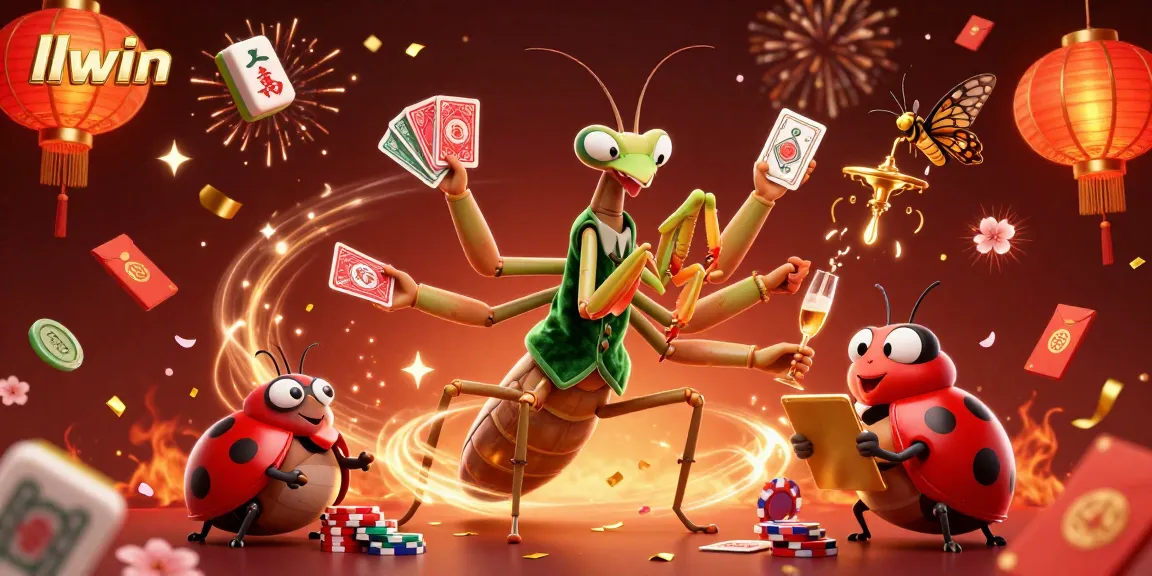 Experience exciting gaming with llwin featuring a giant mantis card sharp and ladybug pit boss in a vibrant casino scene.