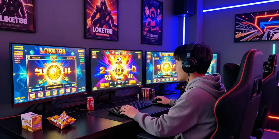 Exciting scene of a player using LOKET88 during an online gaming session filled with vibrant visuals and jackpot alerts.