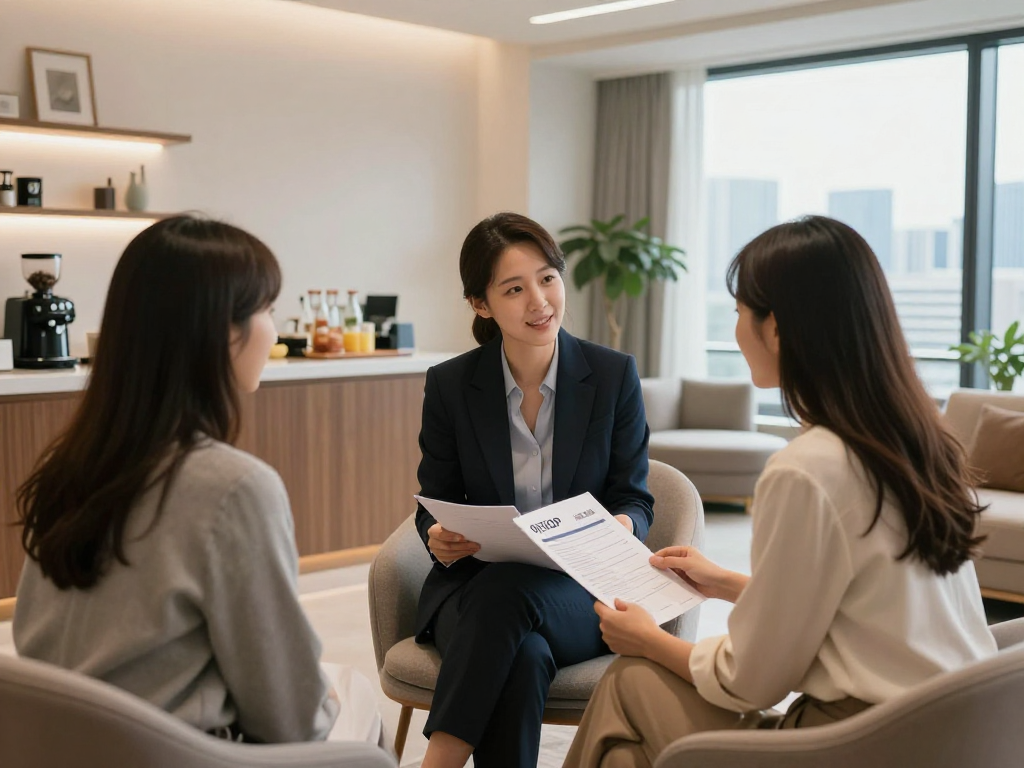 이천OP 서비스 상담 중인 전문가와 고객의 모습, 현대적인 사무실 환경을 보여줌
